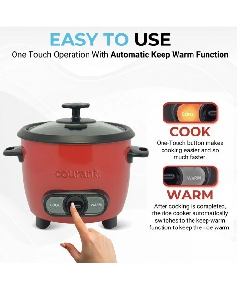 COURANT 8 Cup Rice Cooker 4 Cups Uncooked, Auto keep warm, Lid Holder- Red