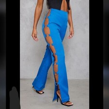 PrettyLittleThing Bright Blue O-Ring Cut-Out Side Flare Trouser Pants Size 6