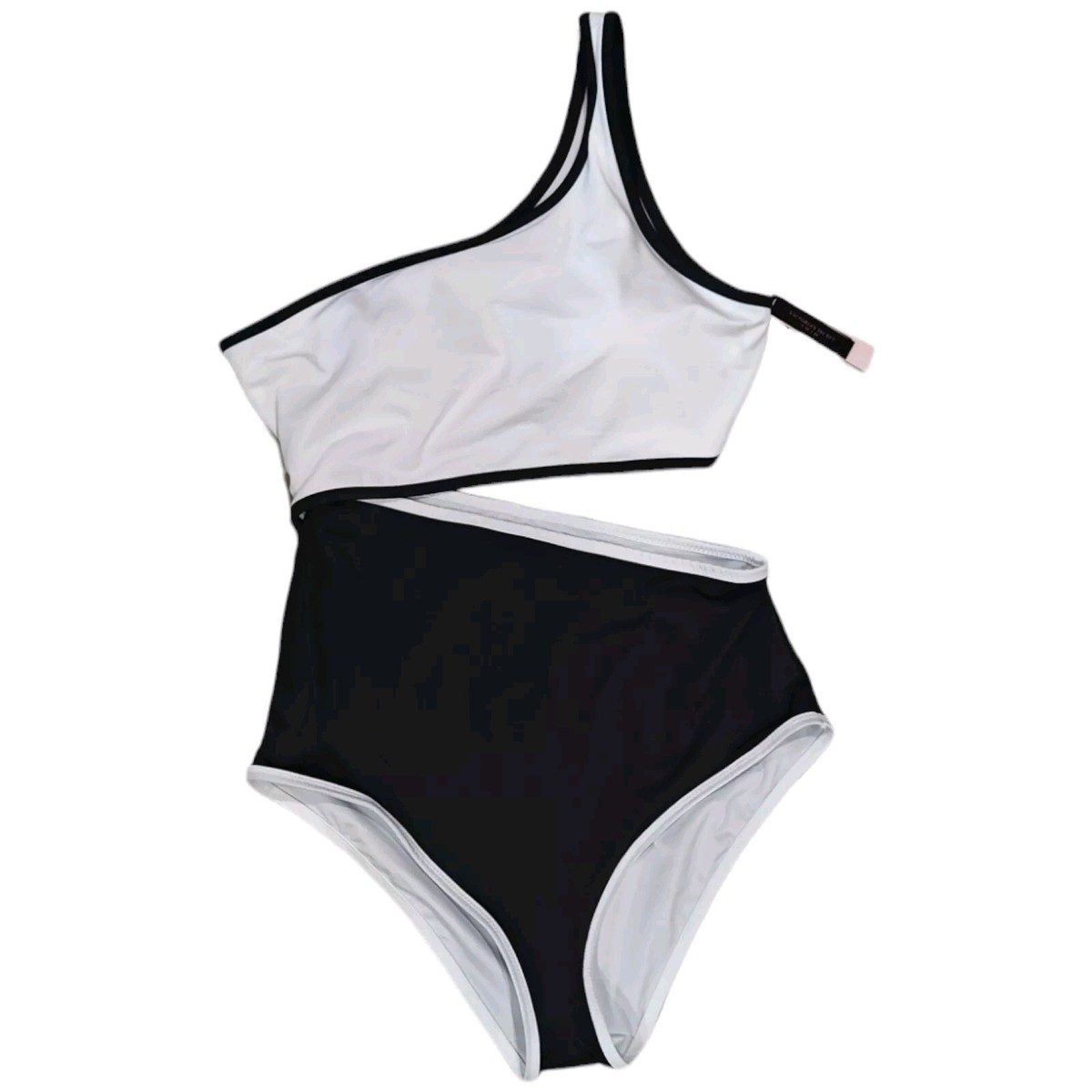 Victoria Secret One Piece Swimsuit White Black Padded One Shoulder Sz L NWT