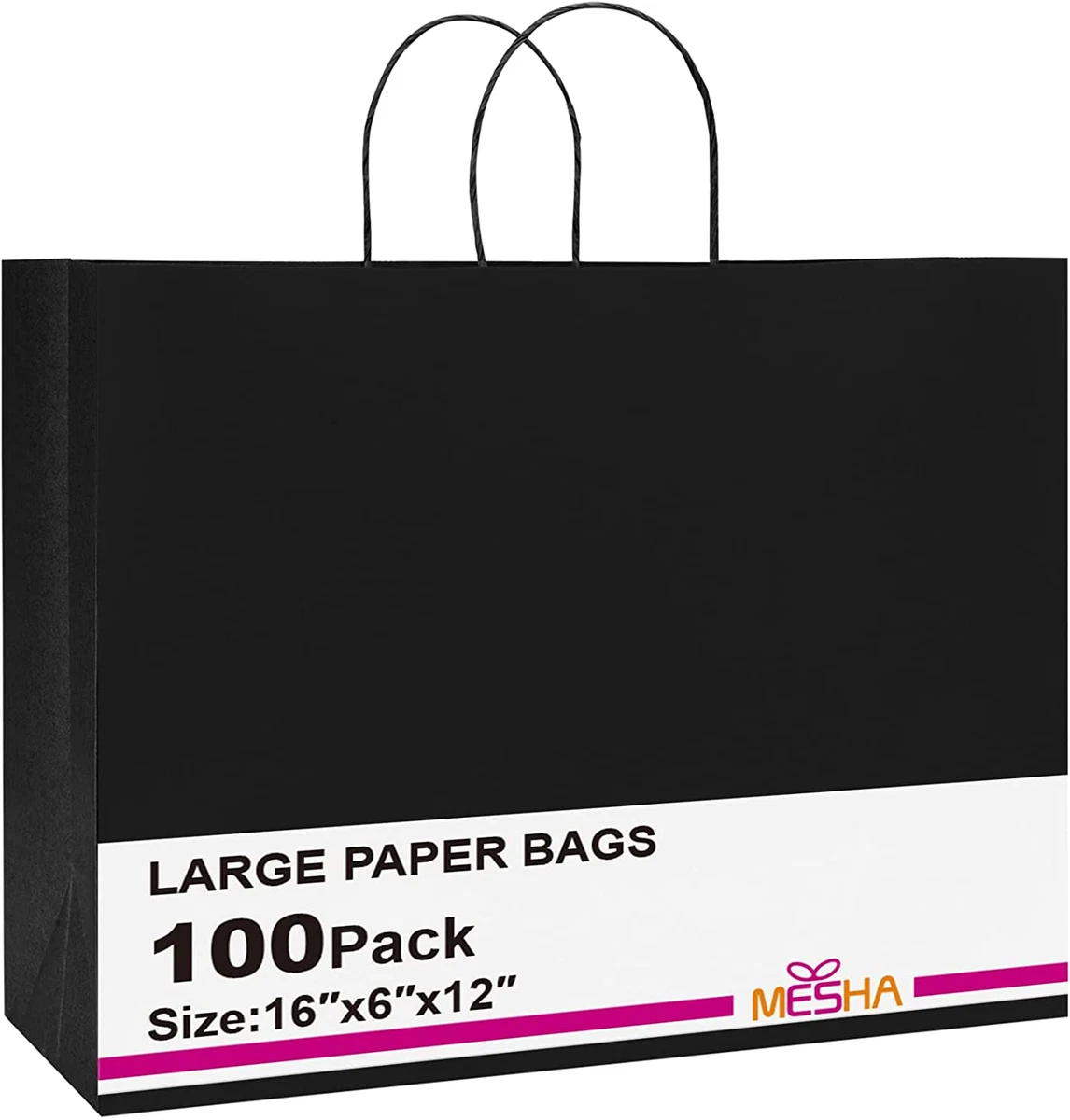 100PC Black Paper Bags with Handles 16X6X12 Inch Large Kraft Gift Bag Bulk  Groce