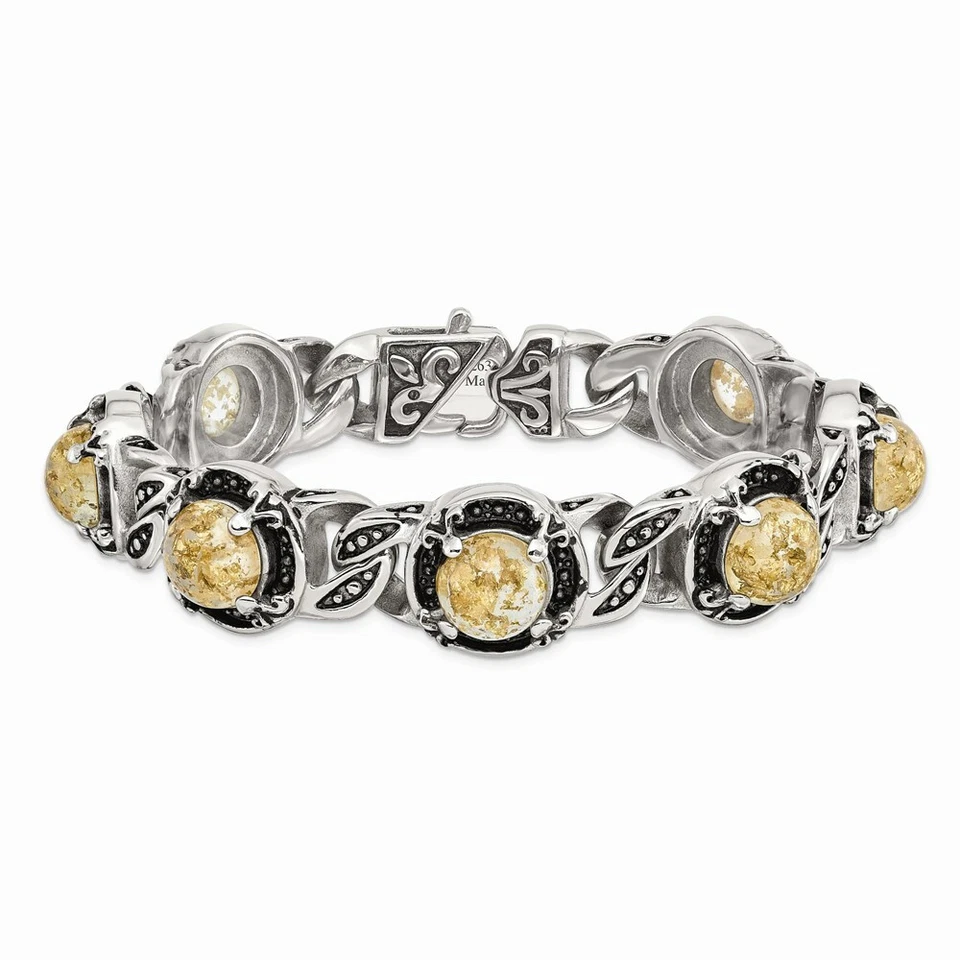 Brazalete de acero inoxidable pulido resina epoxi envejecida con estaño dorado Foto 4 de 4