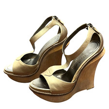 SALVATORE FERRAGAMO Gold Metallic Leather T- Strap Wedge Sandals, Size 37.5
