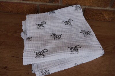 BABY Blanket Swaddle Large 100% Cotton WHITE Zebra Pattern Allover Muslin 46''