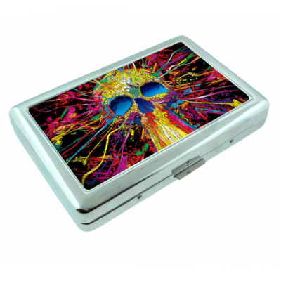 Rainbow Skull Splatter Em1 Silver Metal Cigarette Case RFID Protection  Wallet