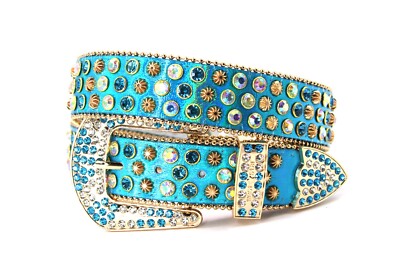 Rhinestone Western Belt Bling Light Blue Cyan Unisex Men Pant 42 Cinto Vaquero