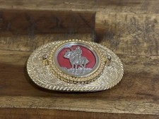 Oval Horse and Indian Rider Red Gold Tone Belt Buckle Southwestern Western