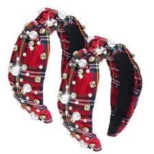 Christmas Headband for Women Buffalo Plaid White Pearl Rhinestone Embellished...