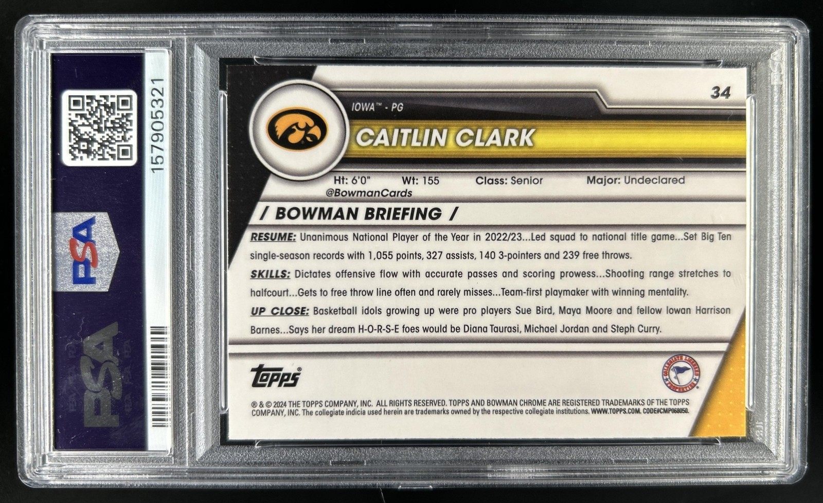 2023-24 Bowman University Chrome Sapphire Caitlin Clark #34 Hawkeyes PSA 8 view 2