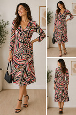 Ann Taylor LOFT Wrap Dress Size 6 Geometric Print Red Black Tan Belted