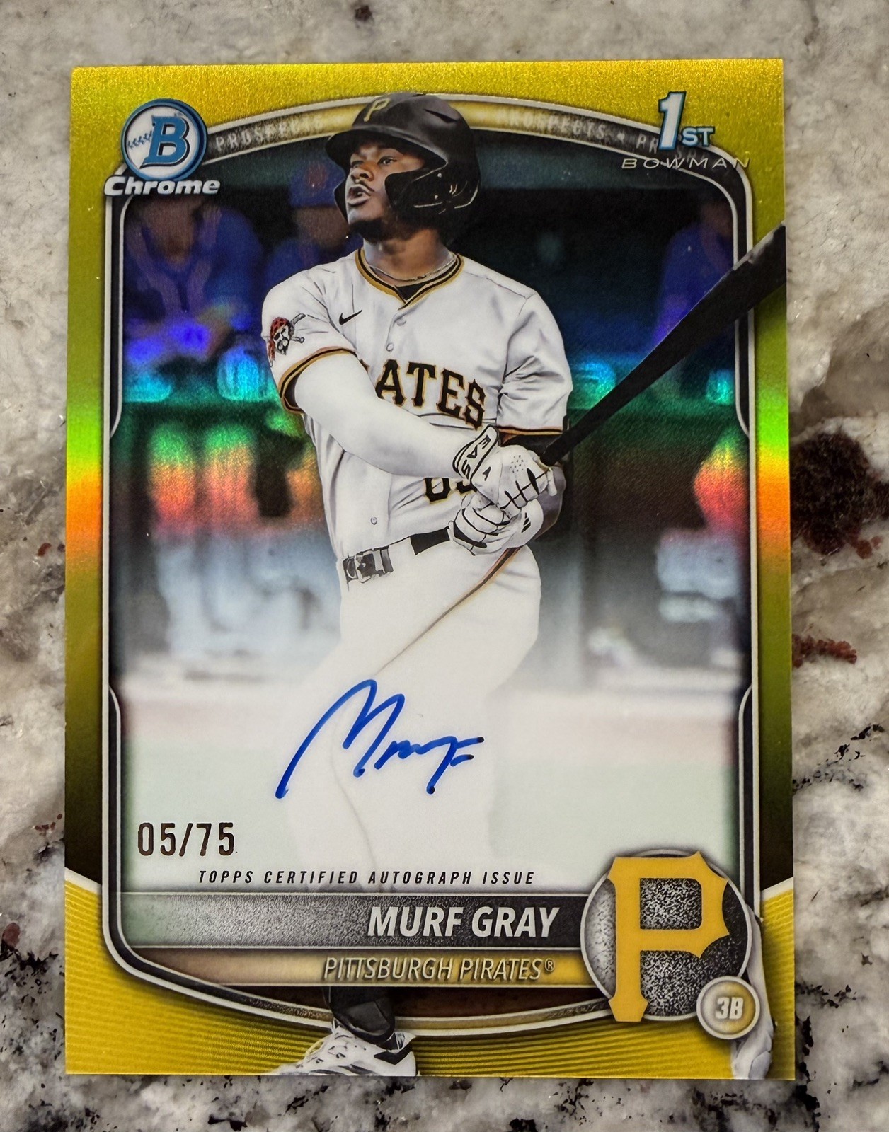 Murf Gray 2025 Bowman Draft Chrome Auto Yellow Refractor 1st #/75 Pirates CPA-MG