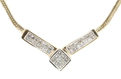1.60 ctw Princess Cut Channel Set Diamond14KT Yellow Gold V Herringbone Necklace
