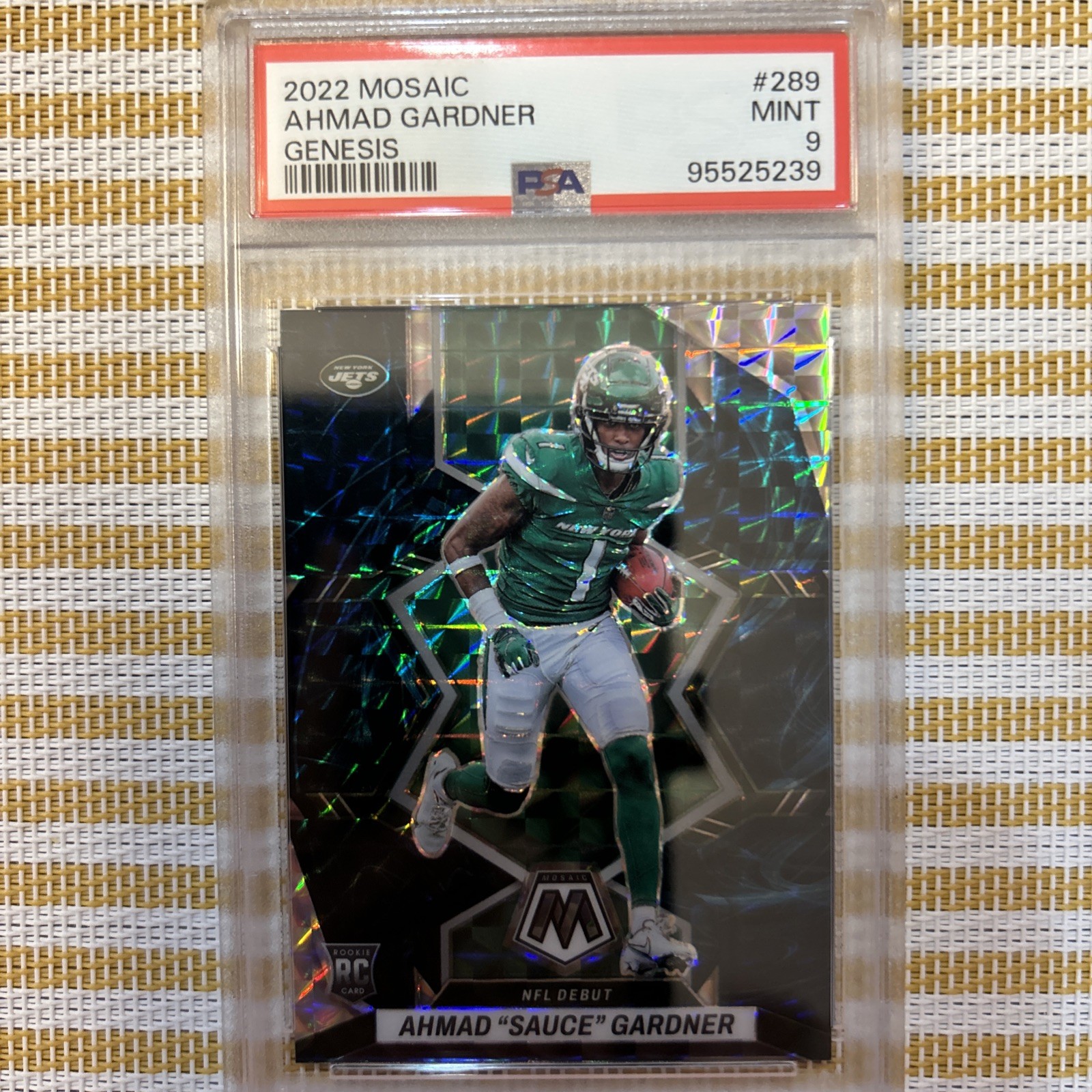 AHMAD “SAUCE” GARDNER 2022 NFL Mosaic GENESIS Rookie RC #289. (ROY) PSA 9 MINT!