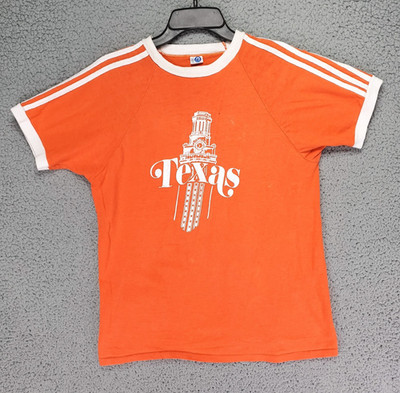 Vintage 70s Artex Texas Tower Ringer T Shirt Mens L Fits S Orange Distressed USA