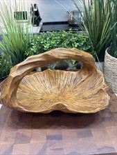 Hand Carved Burl Wood Basket Bowl with Handle Rustic Farmhouse Primitive 12 X 8