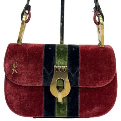 Roberta di Camerino Velvet Shoulder Bag Vintage R Logo Red Green Stripe Leather