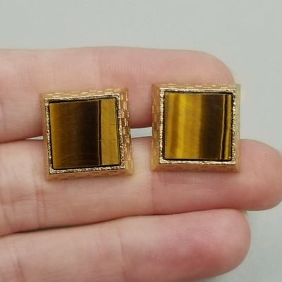 Vintage Dante Tigers Eye Stone Gold Tone Cufflinks Bullet Back