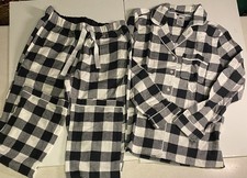 Lands' End Womens 2 Pc Flannel Pajama Set Sz S Black white Plaid100 Cotton NEW