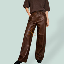 Womens Genuine Lambskin Leather Pants Brown High Waist Wide Leg Leather Trouser