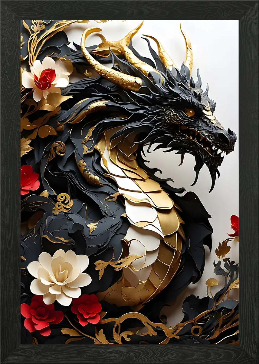 Black and Gold Dragon Paper Art Framed Wall Art Poster Canvas Print ...