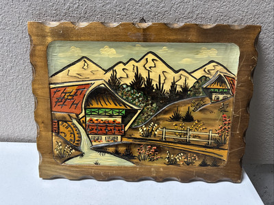 Germany Mountain Scene 3D Carved Wooden Painting House With Mountain Range VTG