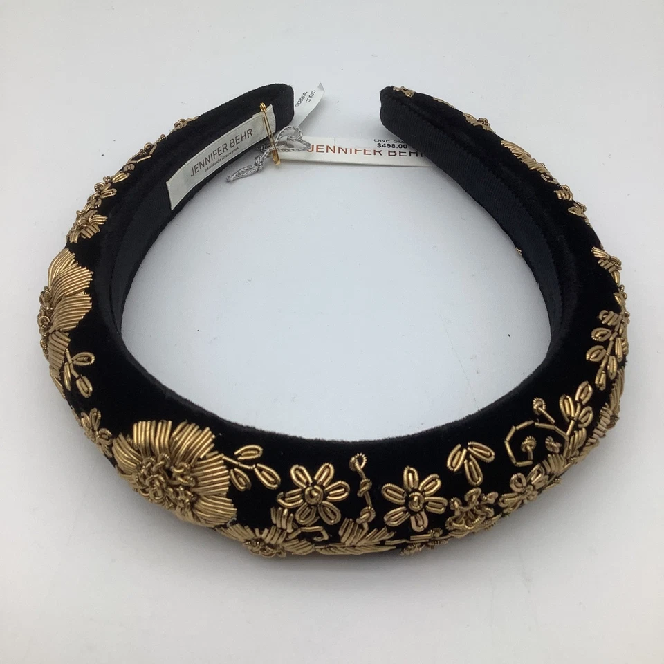 Faixa de cabeça Jennifer Behr Renata veludo preto dourado floral enfeitada tamanho único nova com etiquetas - Imagem 4 de 4