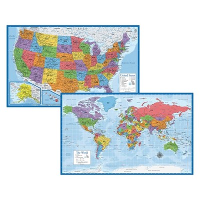 Laminated World Map & US Map Poster Set - 18'' x 29'' - Wall Chart Maps of the Wor