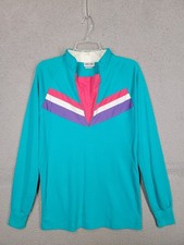 Vintage 80s Womens Pullover Sweatshirt Large Turquoise And Pink Skyr Top Stripe