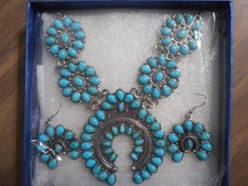 Faux Turquoise Squash Blossom Necklace Earring Set