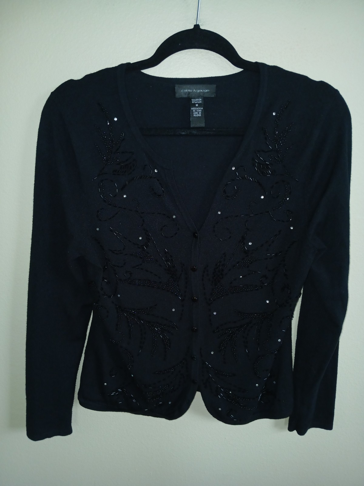 Cable & Gauge Women's Medium Rayon Blend Cardigan Black Floral Beaded Rhinestone
