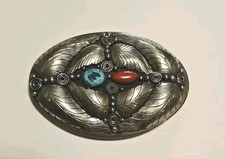 VTG Native American Sterling Silver Turquoise Coral Belt Buckle Signed 2.4oz