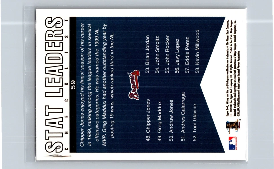 2000 Victory - Stat Leaders Checklist Chipper Jones, Greg Maddux #59 - Image 2 of 2