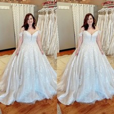 Plus Size Wedding Dresses Off Shoulder Lace Applique Sweep Train Bridal Gown