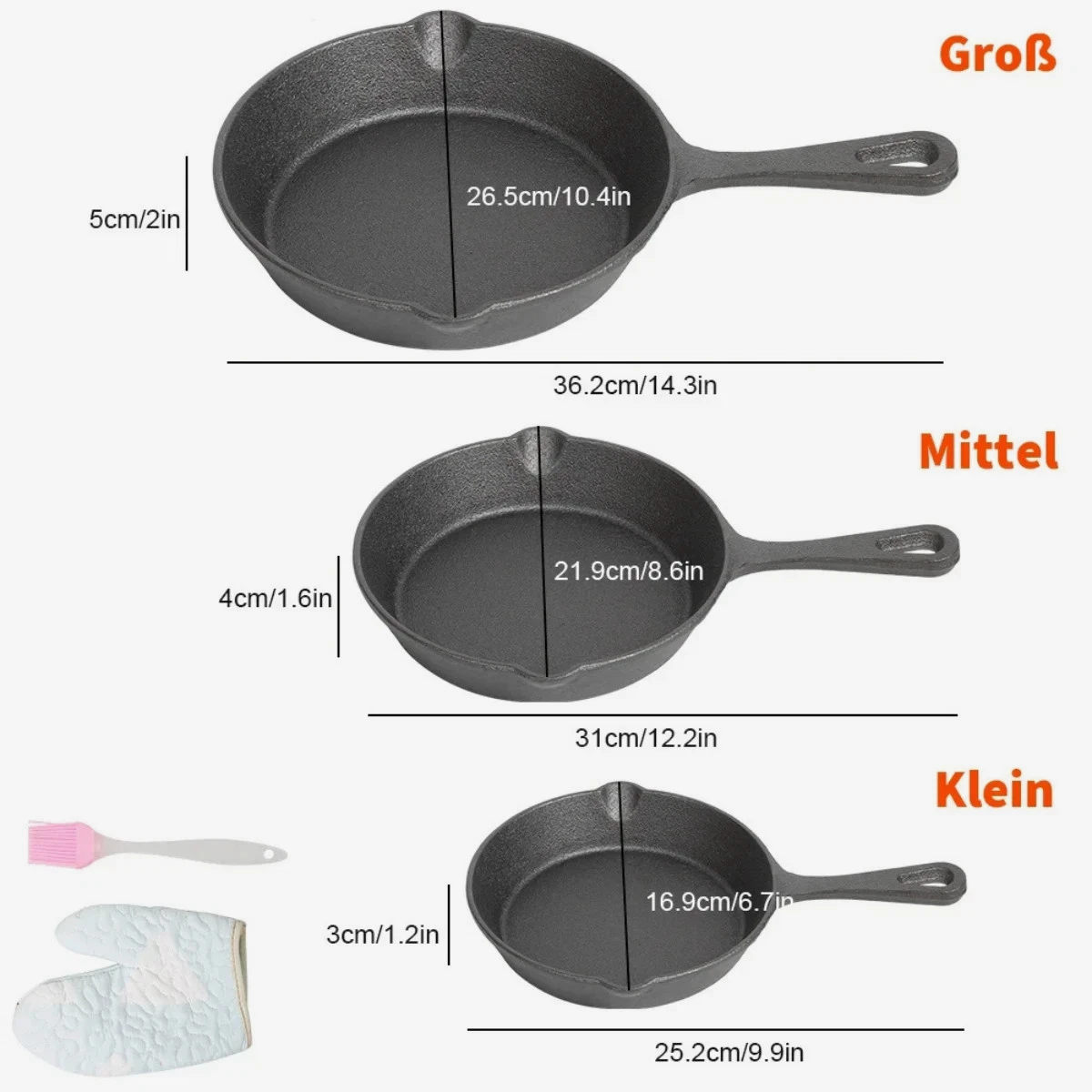 Set of 3 Cast Iron Non Stick Skillet Griddle Cooking Pan Pre-Seasoned Frying Pan