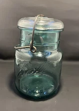 Vintage Ball Ideal Pint Size Aqua Blue Glass Jar w Wire Clamp Lid USA Canning