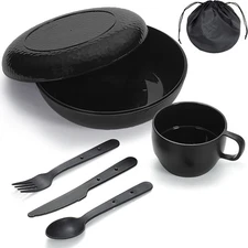 Camping Mess Kit Bowl Plate Cup Cutlery Set with Carry Bag for Outdoor Travel