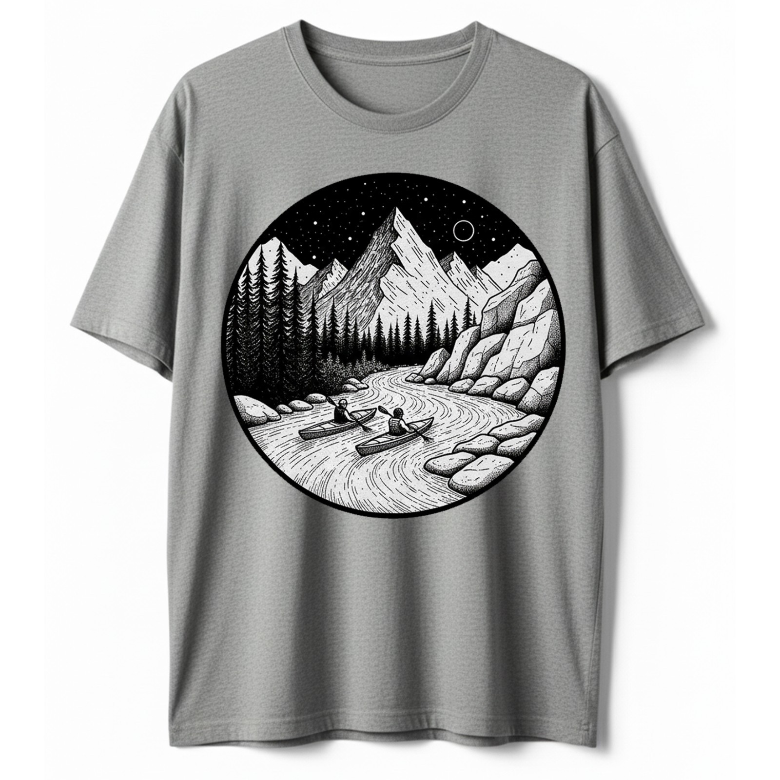 Camiseta Kayak Montaña Río Escena Nocturna Aire Libre Aventura Kayak Piragüismo Camiseta