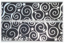 LAST 2 - 4 YDS - 3" HOLOGRAM STARS  SWIRLS BLACK SILVER FOIL GROSGRAIN RIBBON