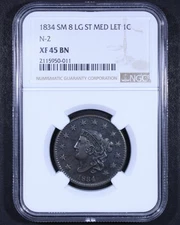 1834 Coronet Head Large Cent (Sm 6, Lg St, Med Let) (N-2) - NGC XF45 BN