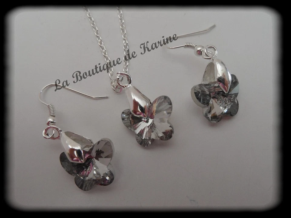 PARURE COLLIER + BOUCLES D'OREILLES VERRE PAPILLON TRANSPARENT FEMME / ENFANT