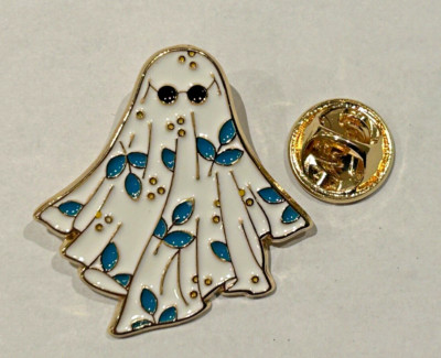 Geist Pin Anstecker, Spooky Ghost mit grünen Blättern & Sonnenbrille Neu in Tasche