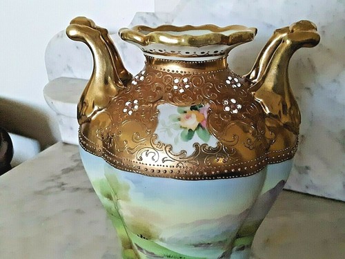 Nippon Antique Porcelain Hand Painted Vase W/Beading & Mt. Fuji - Picture 4 of 7