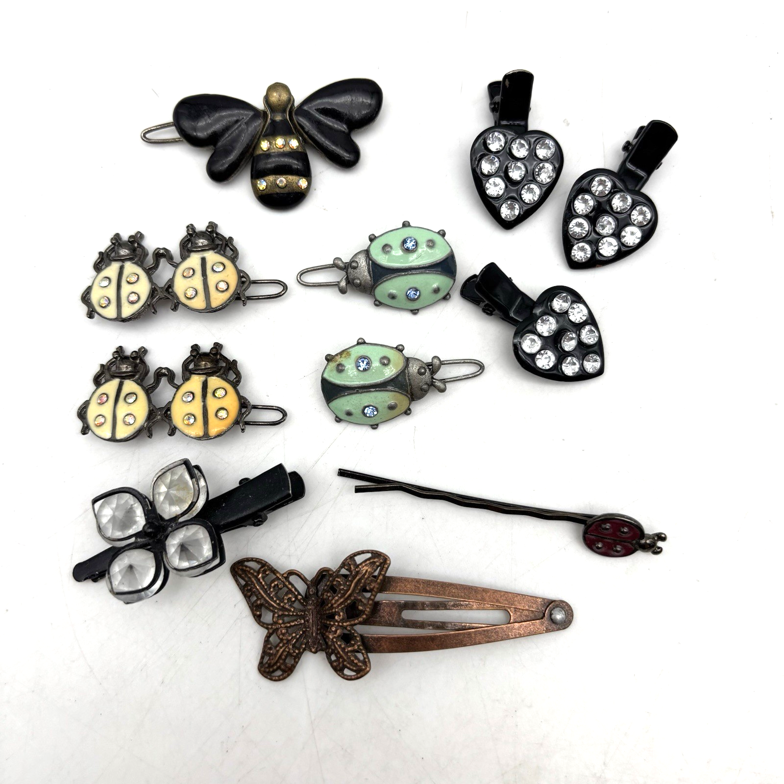 Vintage 70s 80s Enamel Rhinestone Ladybug Bee Hair Barrettes Lot of 11