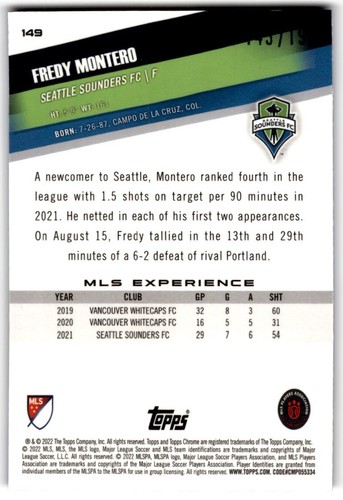 2022 Topps Chrome MLS Blue Mini-Diamond Refractors Fredy Montero /199 #149 - Picture 2 of 2