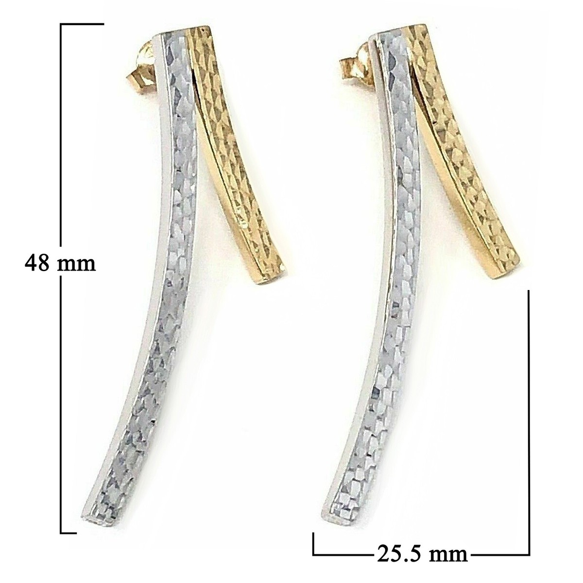 14k Two Tone Gold Diamond Cut Curved Bar Earrings 1.9