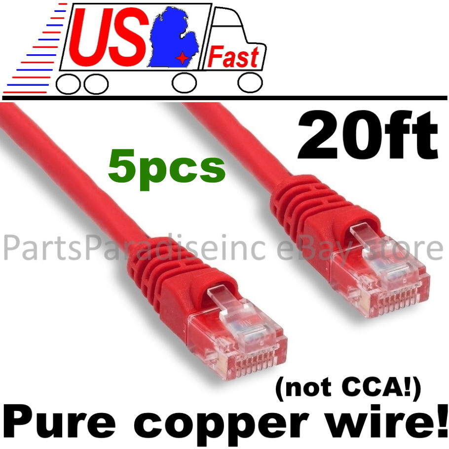 Lot5 ALL COPPER! 20ft long Cat5e Ethernet/Network UTP Cable