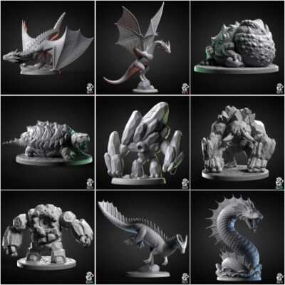 Fantasy creature minatures, models. 3D printed, diaorama, D&D, decor, play, 40K
