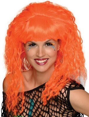 Rock N Rave Wig Neon Orange 80's Party Fancy Dress Halloween Costume  Accessory