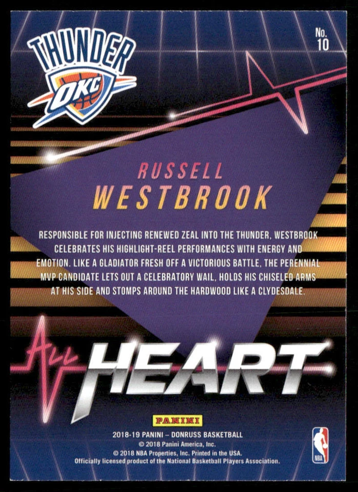 Russell Westbrook 2018-19 Donruss All Heart Press Proof #10 Oklahoma City - Image 2 of 2