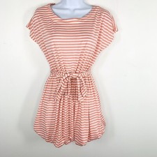 21 Striped Coral White Dress Sz S Short Sleeve Drawstring Waist Coastal Casual