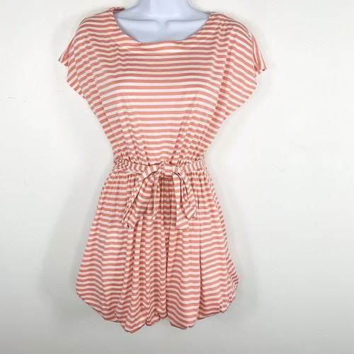 Forever 21 Juniors Dress Sz S Peach White Striped Short Sleeve Belted